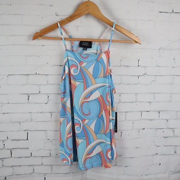 FIFTY STREET BLUE GEOMETRIC DESIGN HIGH NECK SUMMER TOP SIZE MEDIUM NWT - Picture 1 of 7